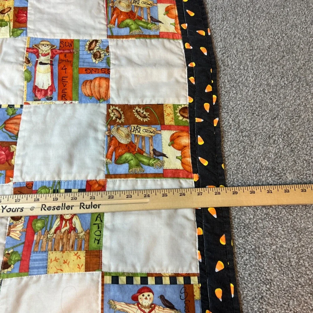 vtg Handmade quilt Autumn Scarecrow‎ Throw Blanket fall patchwork cozy harest